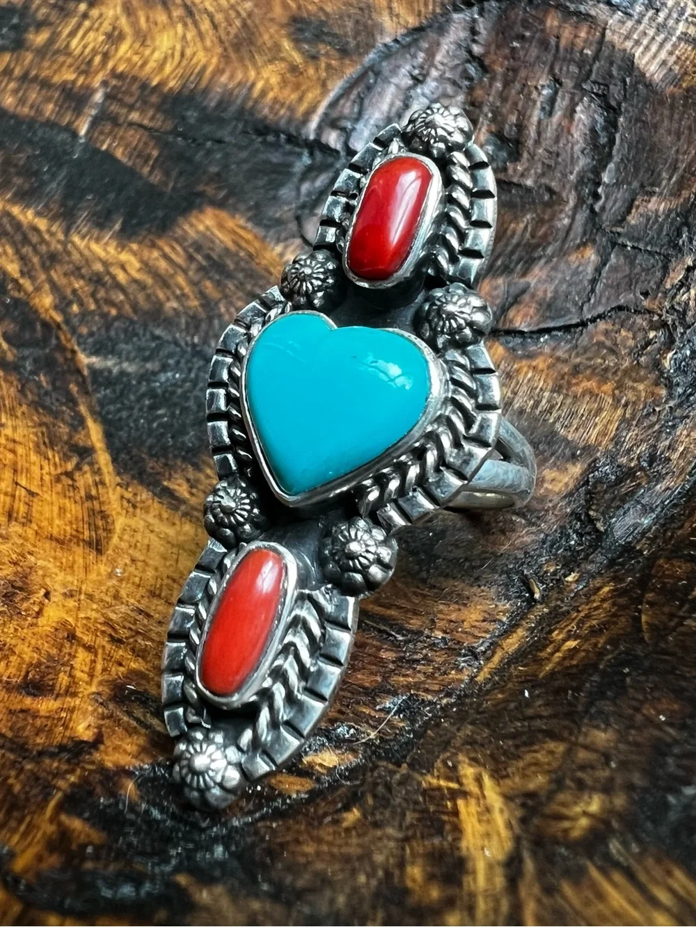 Sterling Kingman Turquoise Heart Italian Red Coral Ring Size 8